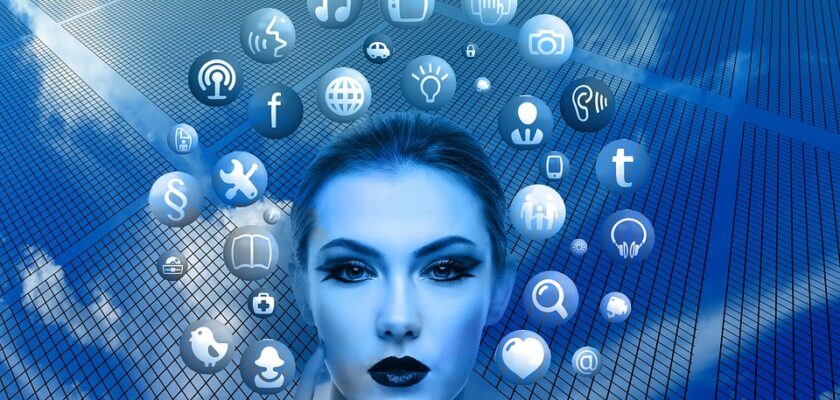 grafica con il volto di una donna e i loghi di varie aziende tech intorno